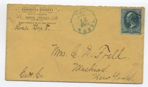 1870s Merom IN octagon postmark 3ct banknote cover Linconia Society [h.4478]