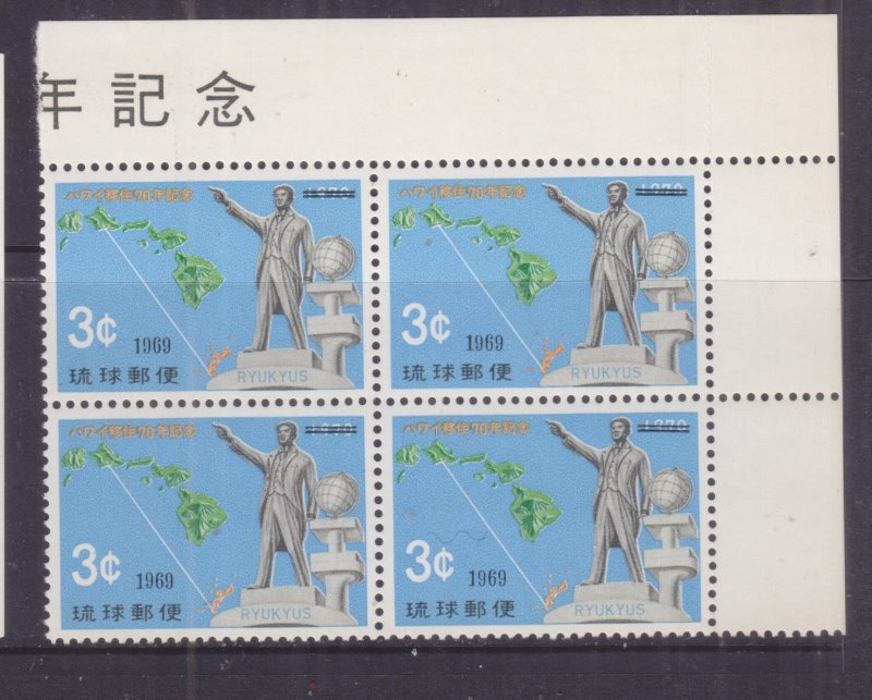 RYUKYUS, 1969 Kyuzo Toyama, Hawaii, 3c., block of 4, mnh.