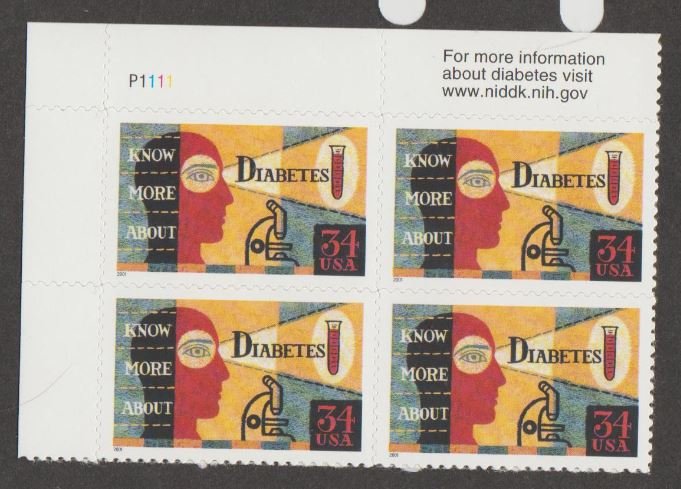 U.S. Scott #3503 Diabetes Stamps - Mint NH Plate Block - Plate 1