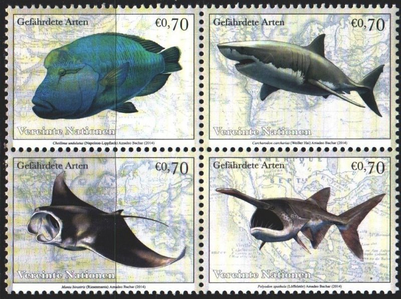 UN Vienna. 2014. 844-47. Sharks, endangered species. MNH.