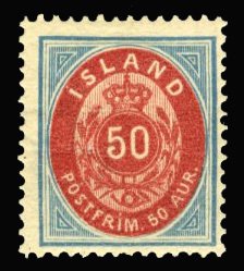 Iceland #19 Cat$120, 1892 50a blue and carmine, hinged