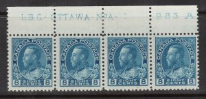 Canada #115 VF/NH Plate #1 Strip Of Four