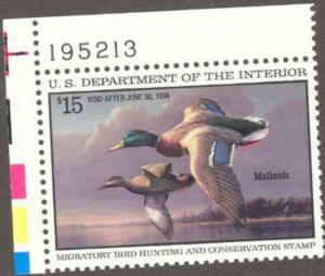US Stamp #RW62 MNH - MAJESTIC Mallards in Flight Plate Number Single