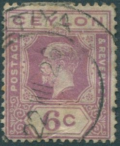 Ceylon 1921 SG343 6c violet KGV tablet A crease FU (amd)