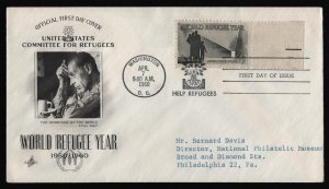 #1149 4c World Refugee Year, Art Craft-Add. to National Philatelic Museum FDC