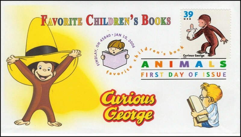 A0-3992-1, 2006, Favorite Children’s Book Animals, FDC, DCP, SC 3992, Curious 