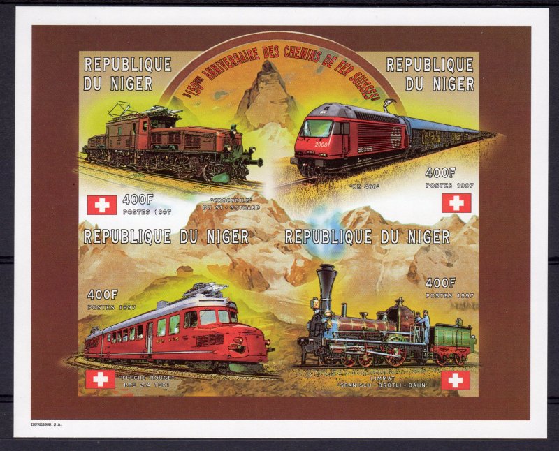 Niger 1997 Sc#957 Trains of Switzerland  Flags Sheetlet (4) IMPERFORATED MNH