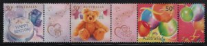 Australia 2003 MNH Sc 2120b 50c Cake, Bear, Balloons Strip of 3 + labels