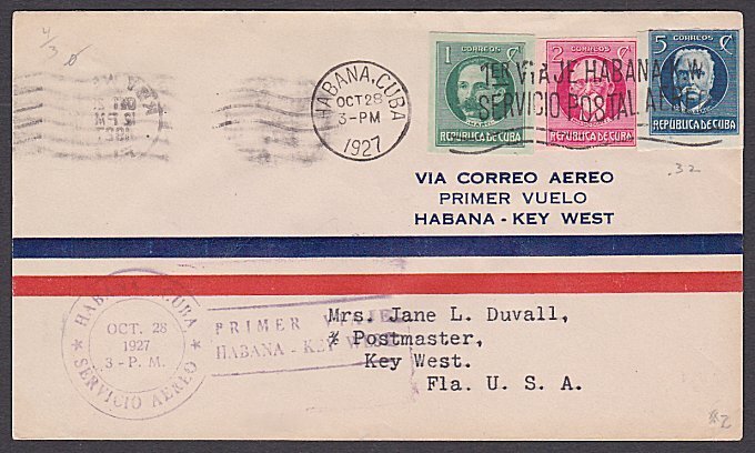 CUBA 1927 first flight cover Havana to Key West Florida.....................P163