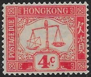 HONG KONG SGD3 1923 4c SCARLET POSTAGE DUE UPRIGHT WMK MTD MINT