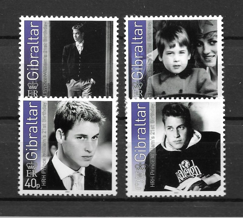 GIBRALTAR MNH SET SC#942-945 PRINCE WILLIAM 21ST BIRTHDAY BV$10.00