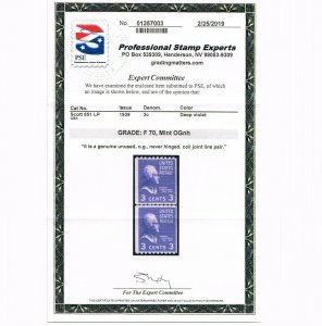 EXCEPTIONAL GENUINE SCOTT #851 MINT OG NH COIL LINE PAIR PSE CERT GRADED FINE-70