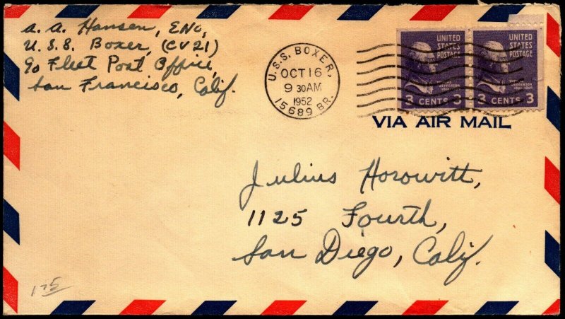 1952 USS Boxer Crew Airmail Cover - Prexie Booklet Pair - L36333 
