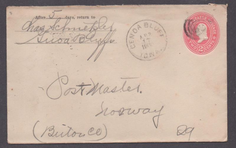 **US 20th Cent Postal Stationery Cover, Genoa Bluff, IA ,1900 CDS, DPO5