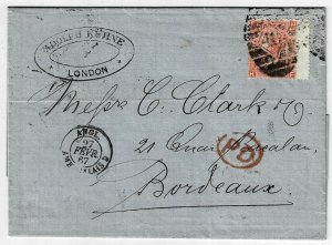 Great Britain 1867 London cancel on cover to France, Scott 43, SG 95, plate 8