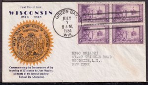 1934 Wisconsin Tercentenary Sc 739-7 block of 4 with Kapner cachet (1B