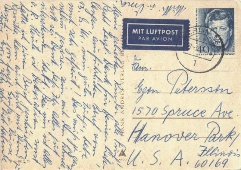 Germany Berlin 40pf Kennedy Memorial 1965 Berlin 360, 1 Airmail PPC to Hanove...