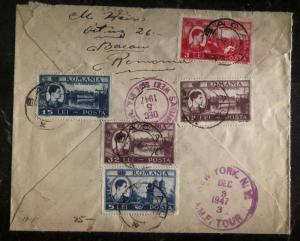 1947 Bacau Romania Airmail Registered cover To Saginaw Mi USA Back Stamps