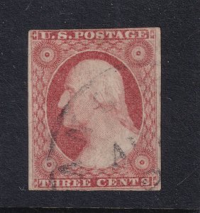 1851 Washington Sc 11A used single 3c dull red 64L3, 4 margins single (K7