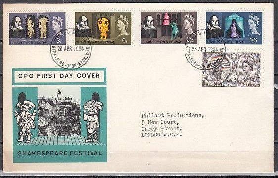 Great Britain, Scott cat. 402-406. William Shakespeare issue. First Day Cover.