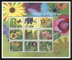 Congo 2001 - Flowers - Butterflies - Sheet of 9 Stamps - Scott #1607 - MNH