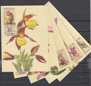 Russia, Scott cat. 5994-5998. Various Orchids issue on 4 Max. Cards