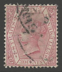 MALAYA STRAITS SETTLEMENTS SG69 1891 30c CLARET USED