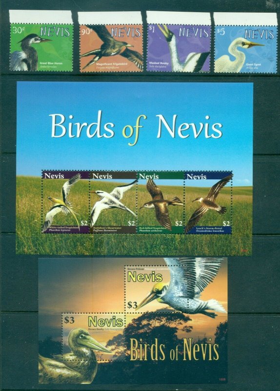 Nevis - Sc# 1598-1603. 2010 Birds. MNH Set & Souv. Sheet. $17.50.