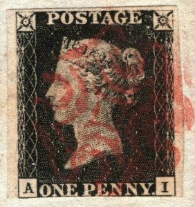 GB PENNY BLACK QV Stamp 1d Plate 1b (AI) RUBY MX Piece (1840) Cat £1,200 GRED21