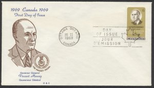 1969 #491 Vincent Massey FDC, H&E Cachet, Ottawa