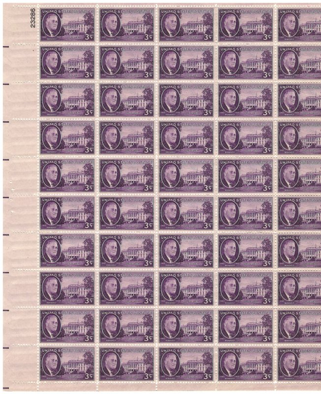 #932 – 1945 3c Roosevelt and White House – MNH OG Sheet