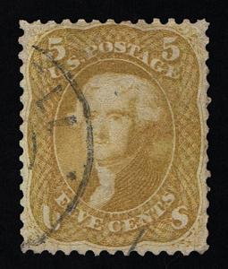 EXCEPTIONAL SCOTT #67b XF USED 1861 5¢ BRIGHT OLIVE YELLOW PSE CERT 4 MARGINS