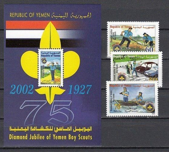 Yemen Arab Rep., Scott cat. 756-758, 759. Scouting Jubilee set & s/sheet.