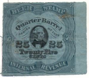 US #REA39e 25¢ Beer Tax Stamp, blue paper, no plate number, Scott $30.00