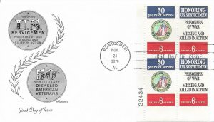 1970 FDC, #1421-1422, 6c Honoring U.S. Servicemen, Artmaster, plate block of 4