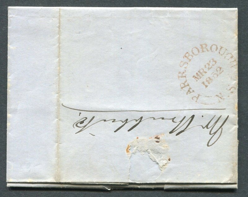 NOVA SCOTIA 1852 STAMPLESS COVER - DOUBLE SPLIT RING TOWN CANCEL PARRSBOROUGH