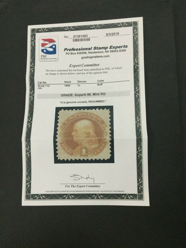 MOMEN: US STAMPS #112 MINT OG H PF CERT & PSE GRADED CERT SUP-98