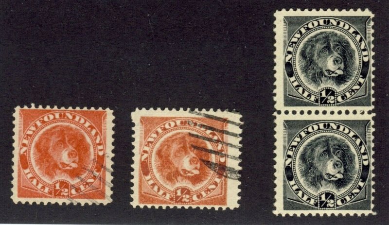 4x Newfoundland 1/2c Dog Stamps #56-Used 57-Used 58-Pair MNG Cat. Value = $51.00