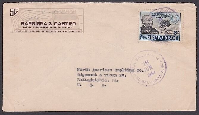 SALVADOR 1940 8c Stamp Centenary Rowland Hill on cover to USA..............a2881