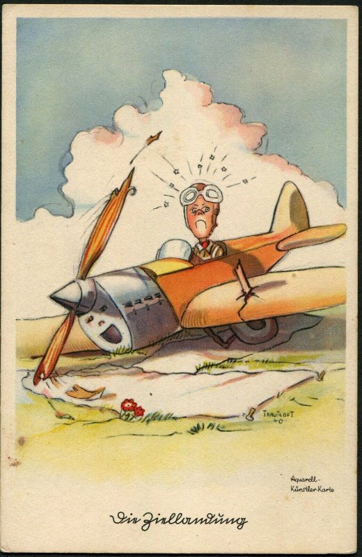 Germany Aviator Humor Active Pilots Drawings Vintage Postal Card Airplanes Wings
