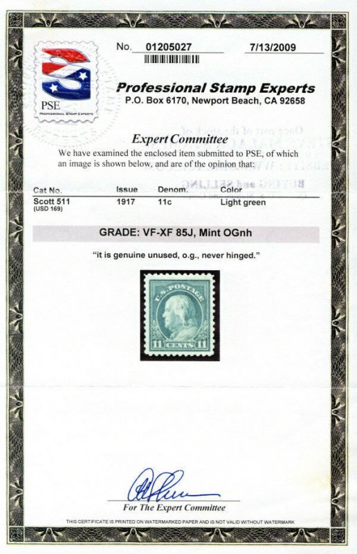 MALACK 511 VF/XF JUMBO OG NH, w/PSE (GRADED 85 JUMBO..MORE.. gg1849
