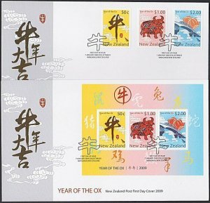 NEW ZEALAND 2009 Year of the Ox set + mini sheet - 2 FDCs...................R133