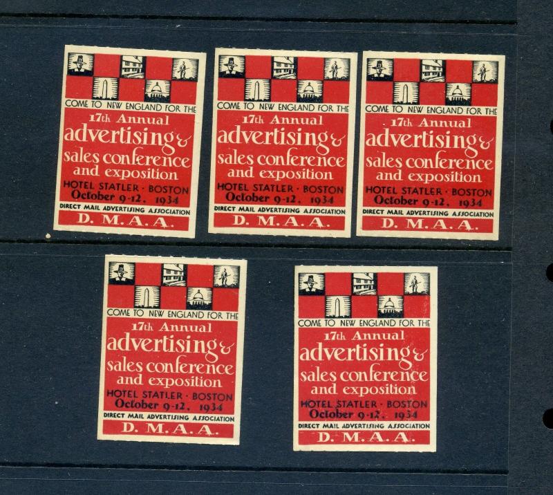 5 VINTAGE 1934 DIRECT MAIL ADVERTISING EXPO POSTER STAMPS (L875) BOSTON MASS.