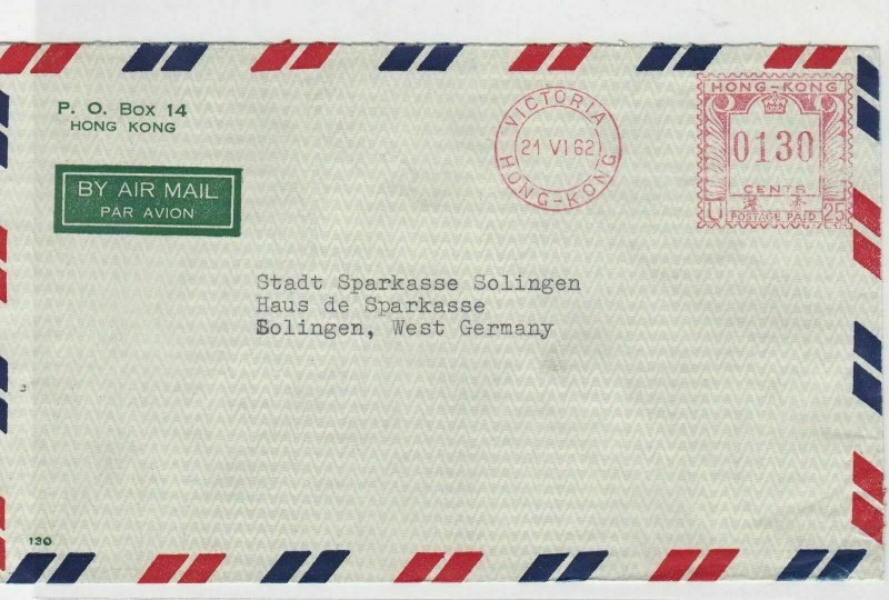 Hong Kong 1962 Machine Cancel Mail Cover Ref: R7683