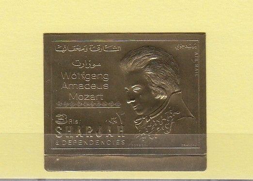 Sharjah, Mi cat. 733 B. Composer Mozart , IMPERF GOLD FOIL issue. ^