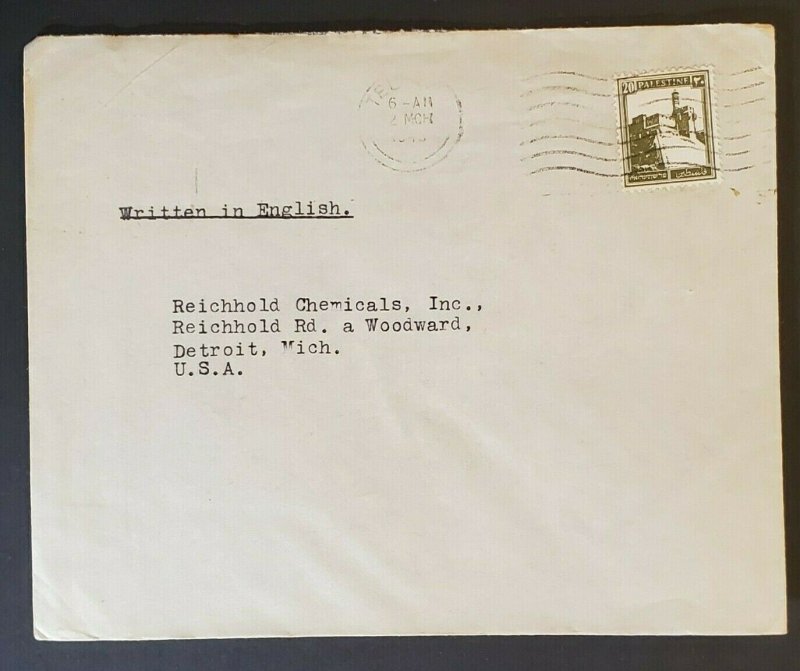 1940 Tel Aviv Palestine to Detroit Michigan Reichold Chemicals Advertising Cover 