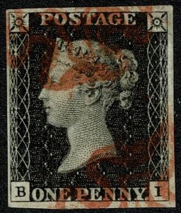 GB 1d Black. Plate 1b BI. Red Maltese Cross cancellation