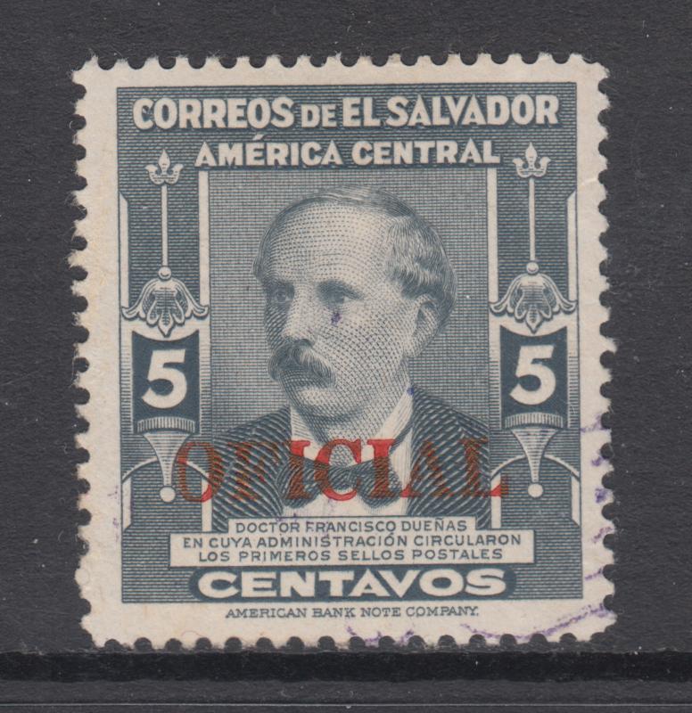 Salvador Sc O364 used 1948 5c Duenas w/ red OFFICIAL overprint, F-VF