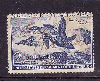 USA-Sc#RW19-used $2 Migratory Bird hunting Stamp-Ducks-1952-