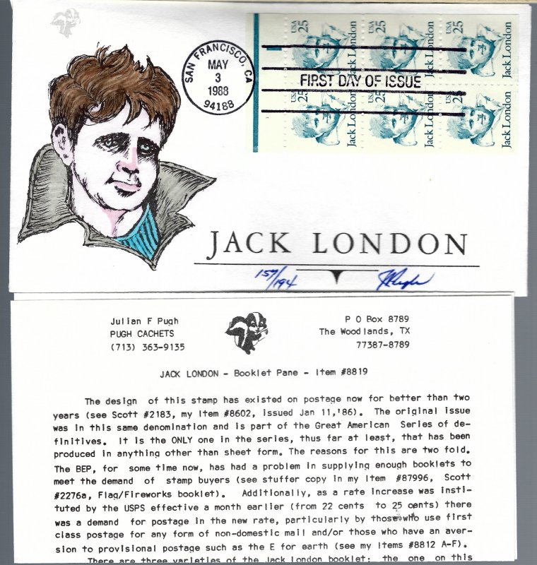 Haunting Pugh Designed/Painted Jack London Booklet FDC...Only 194 Created!